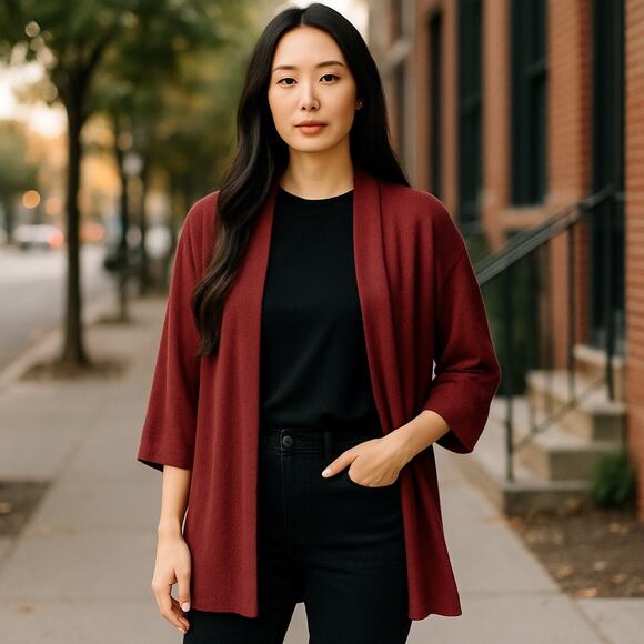 Eileen Fisher 100% Cashmere Cardigan L Burgundy Red Open Front Luxe Sweater - Picture 1 of 10